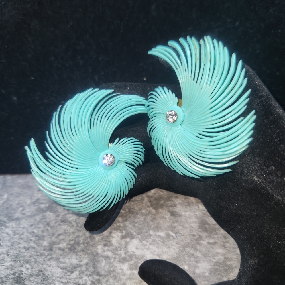 Vintage Turquoise Blue Swirl Rhinestone Statement Clip On Earrings Mid Century - Picture 2 of 11